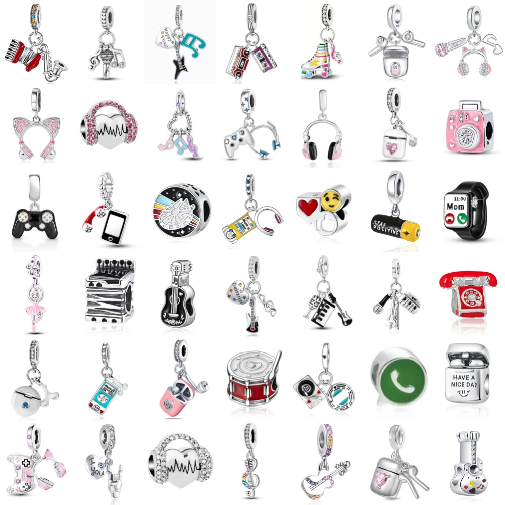 Musical Instrument Tabla - จี้รูปเครื่องดนตรีเงินแท้ 925 รูปทรงโน้ตเพลง หูฟัง กีตาร์ เปียโน